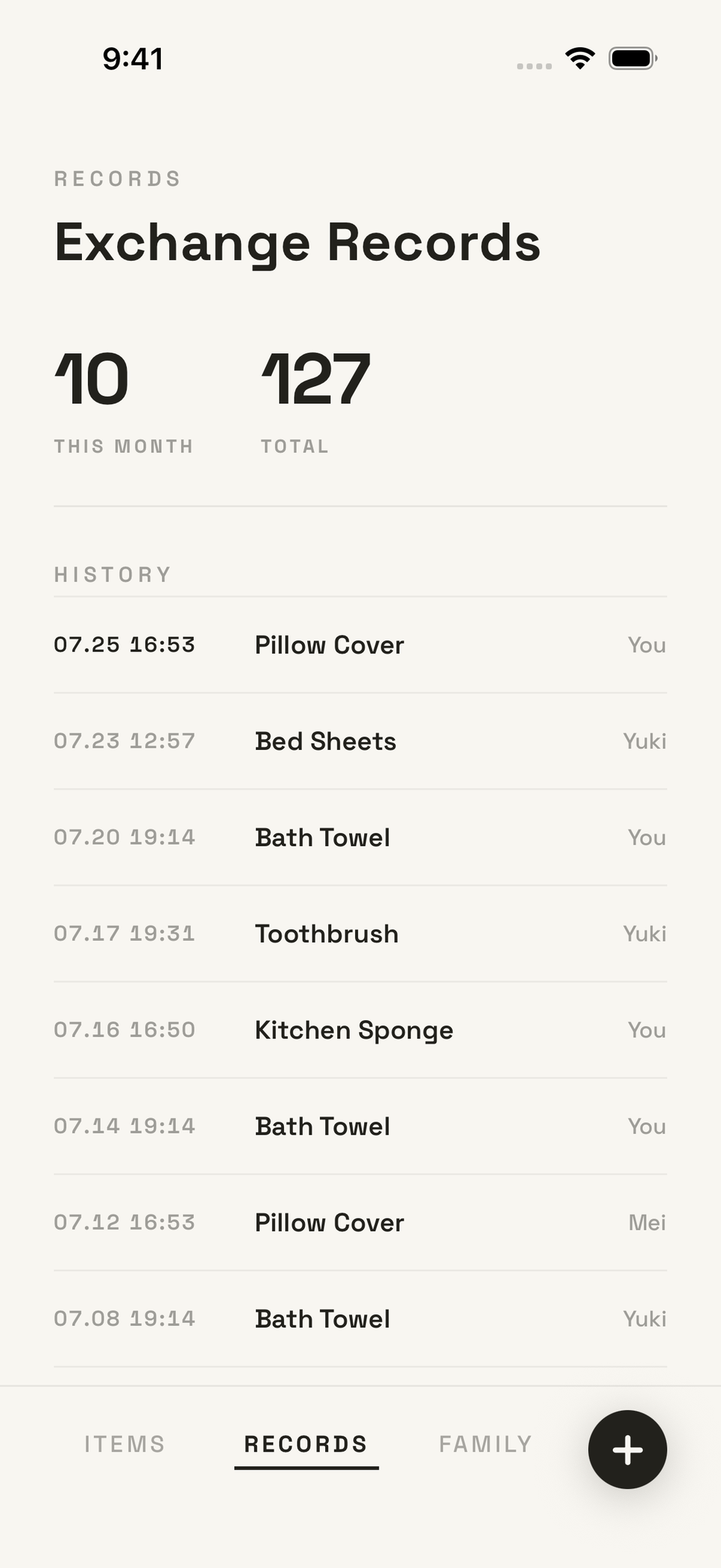 Records screen — monthly and all-time exchange counts