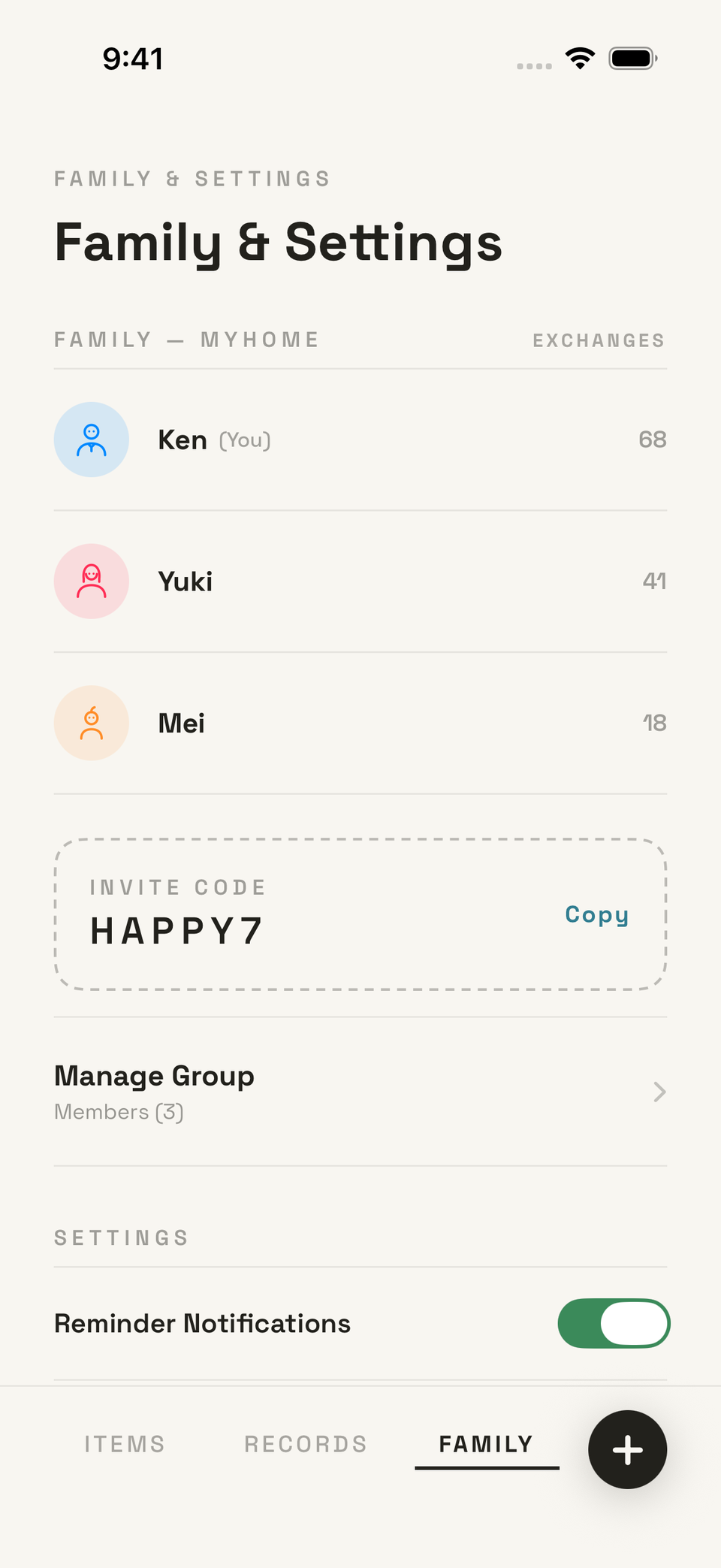 Family & Settings screen — sharing with family