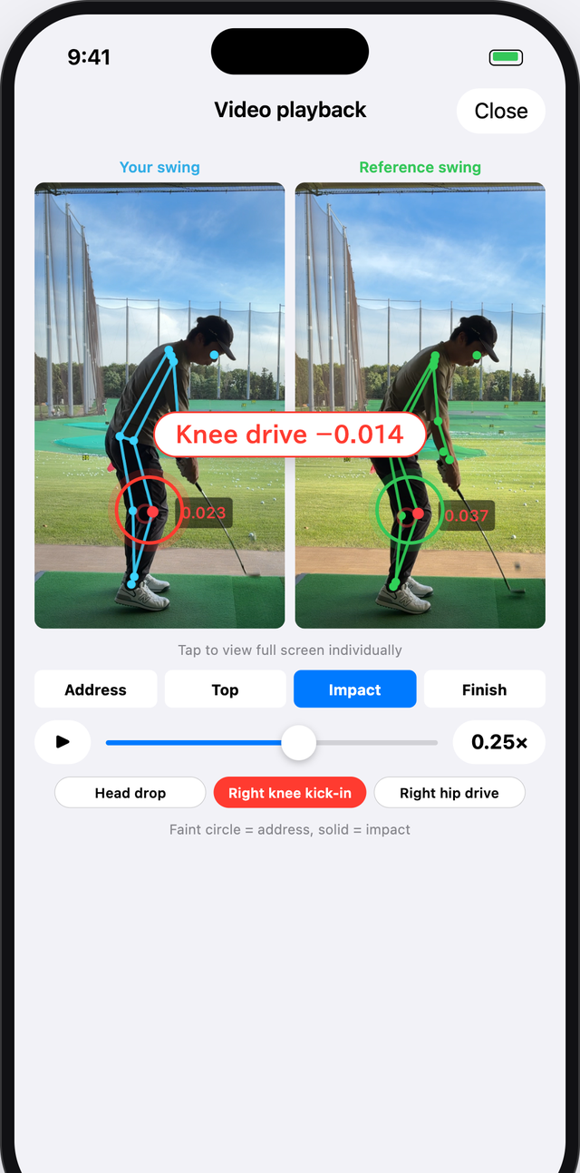 Playback — your swing and the reference side by side